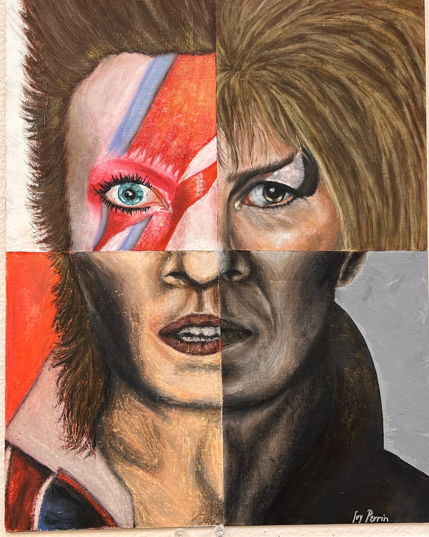 Split portrait of David Bowie with a red and blue lightning bolt