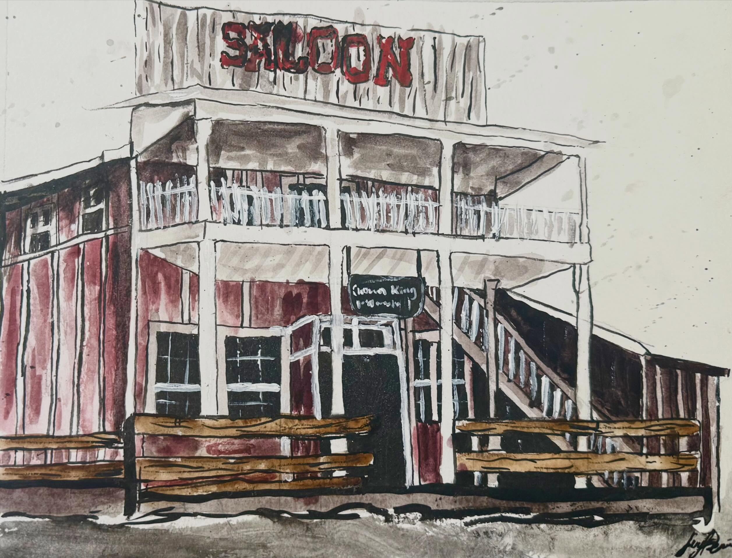 Detailed ink and watercolor drawing of a red and white wooden saloon