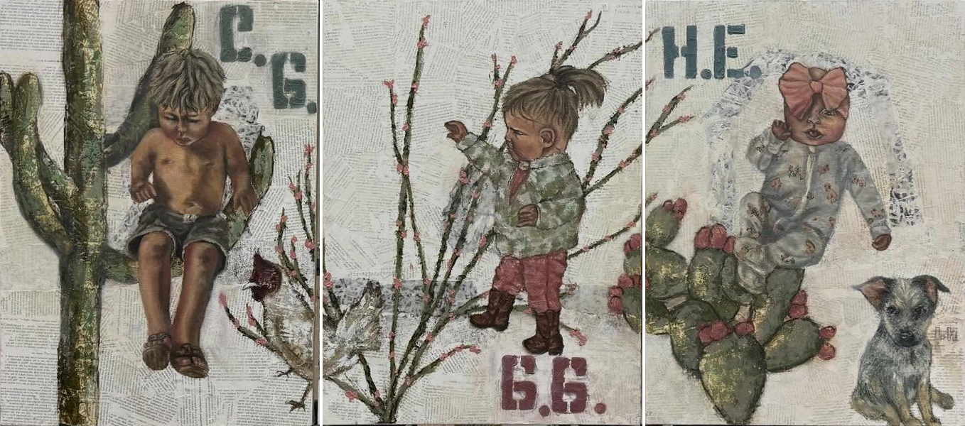 Three original oil paintings of children, desert plants, and a dog, displayed together