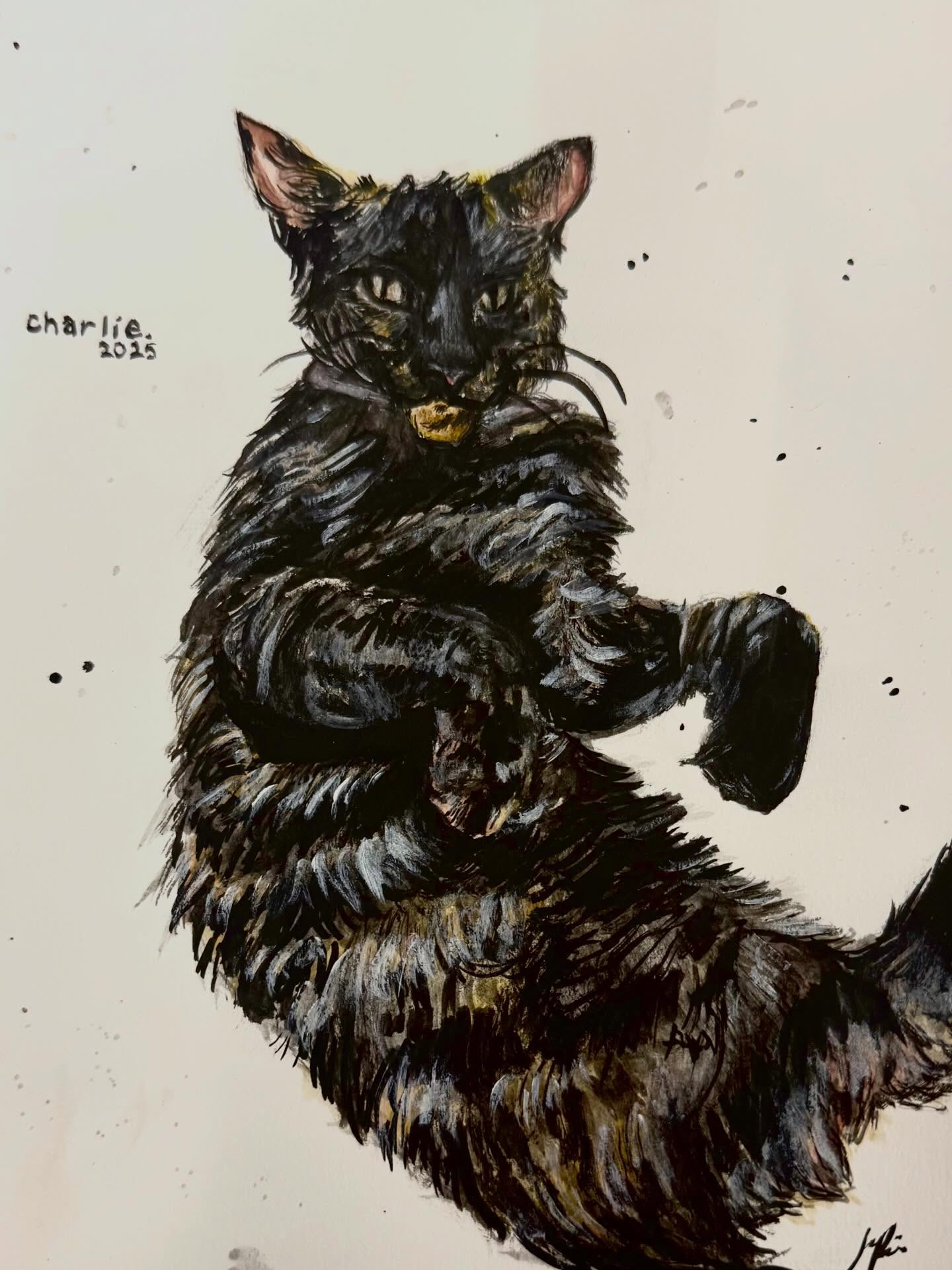Black and brown cat sitting upright, rendered in fine expressive strokes