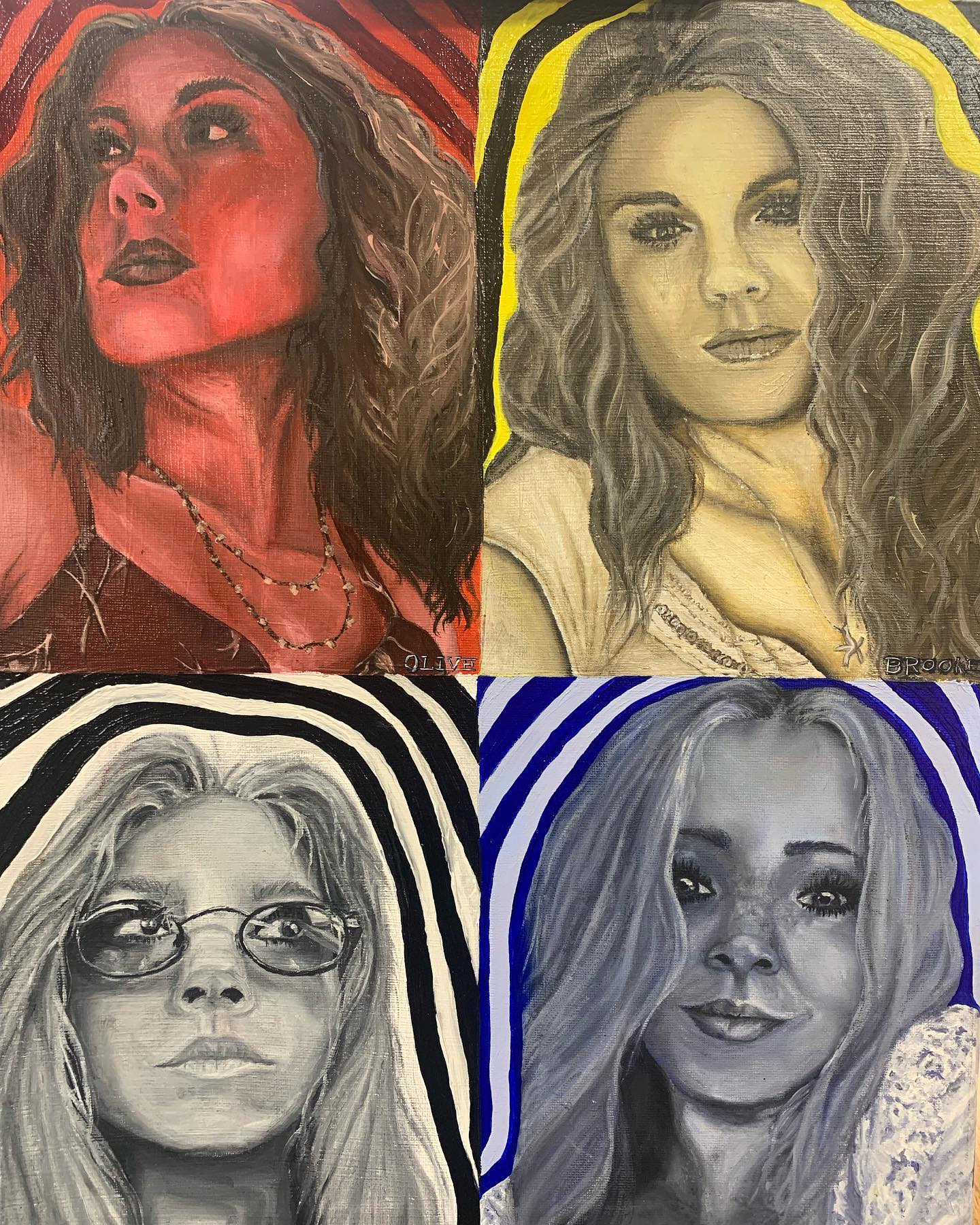 Four expressive portraits arranged in colored quadrants