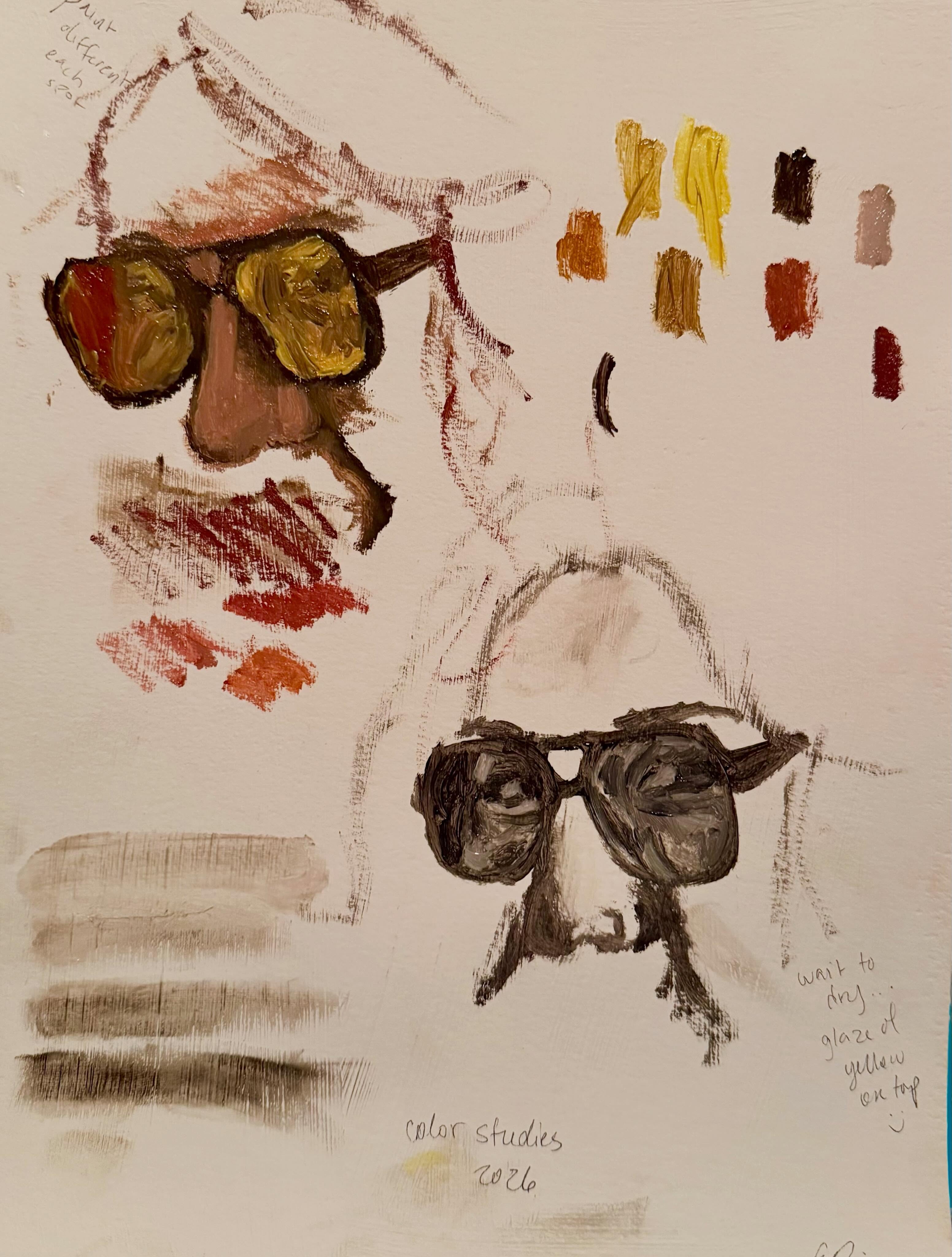Two studies of a face in sunglasses, one in warm ochre and one in monochrome, beside color samples