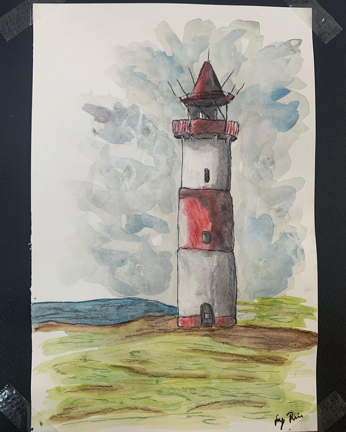 Red and white lighthouse against a loosely painted sky