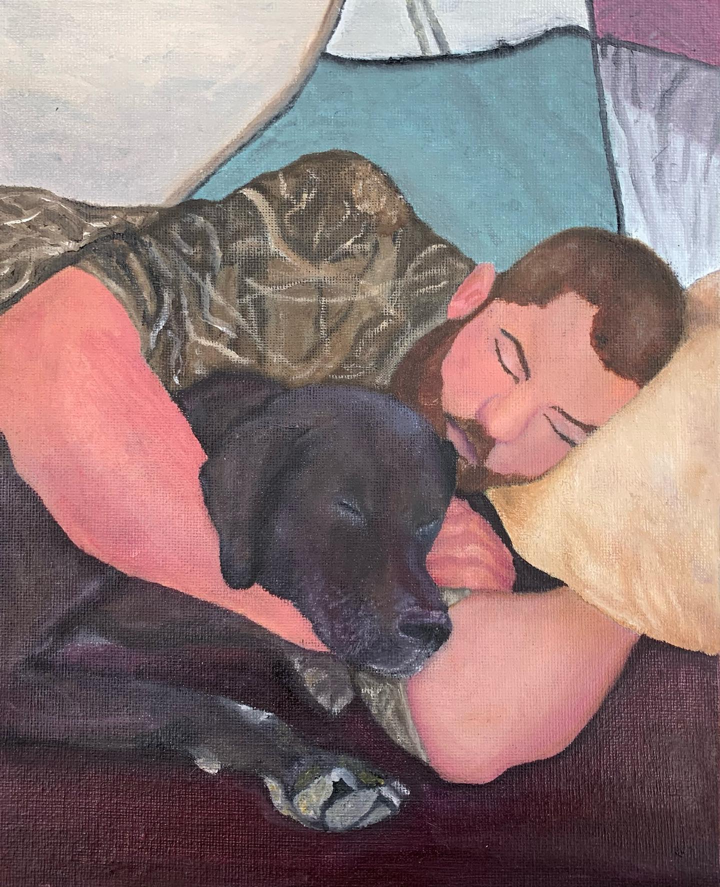 Painting of a sleeping person with a cat and dog