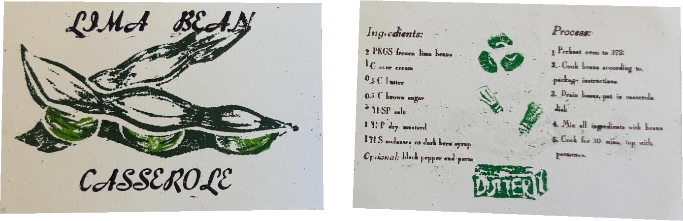 Hand-printed green recipe cards with an illustrated bean pod and casserole recipe