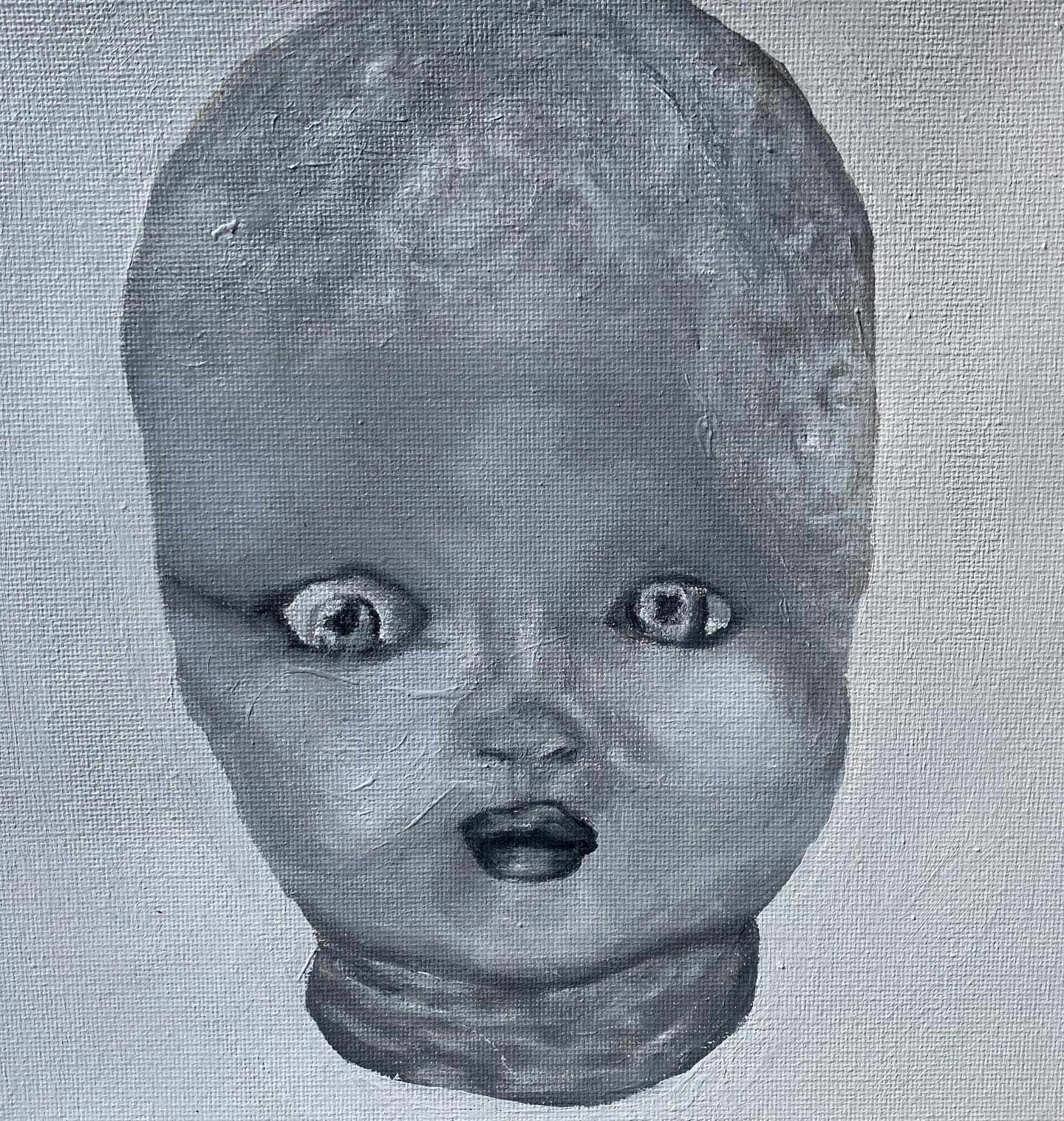 Detailed monochrome drawing of a doll head