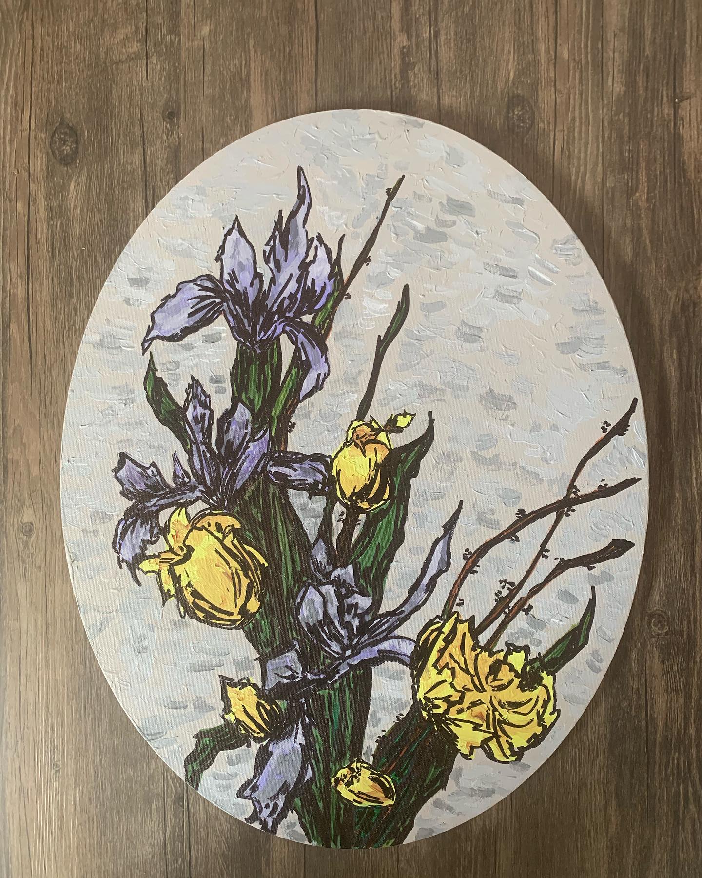 Purple and yellow irises painted on an oval surface