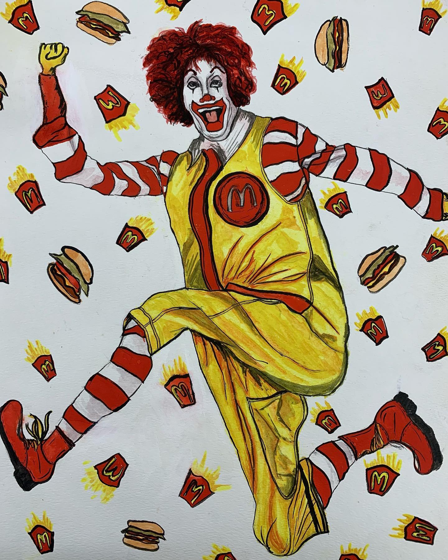 Ronald McDonald against a patterned background of burgers and fries