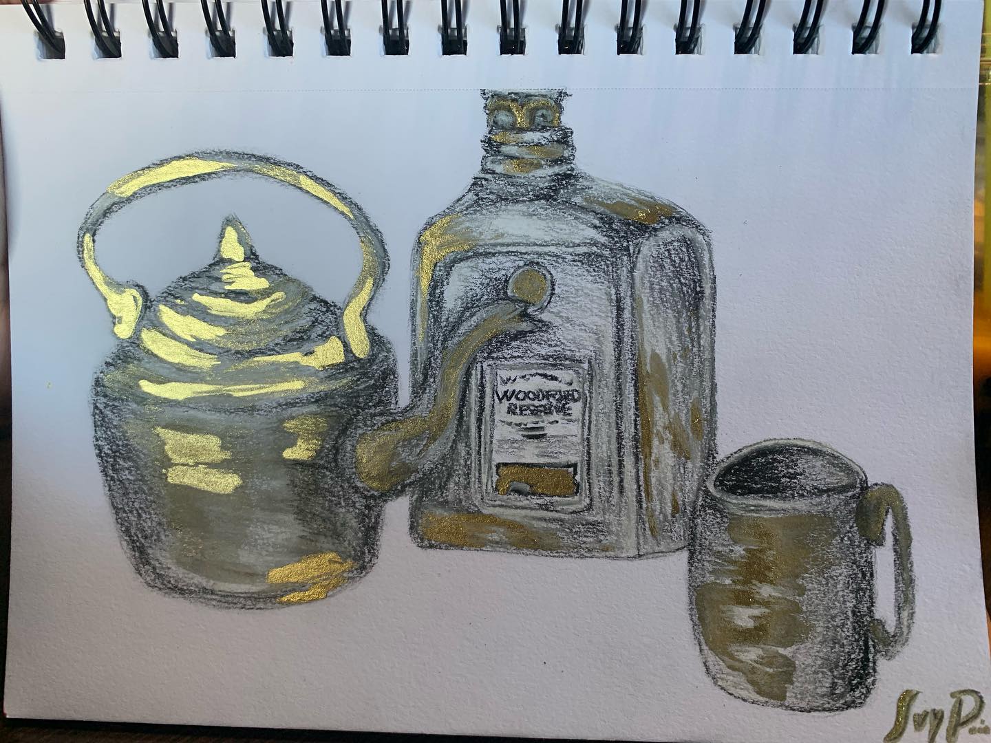 Still life of vessels drawn in gold ink and white charcoal