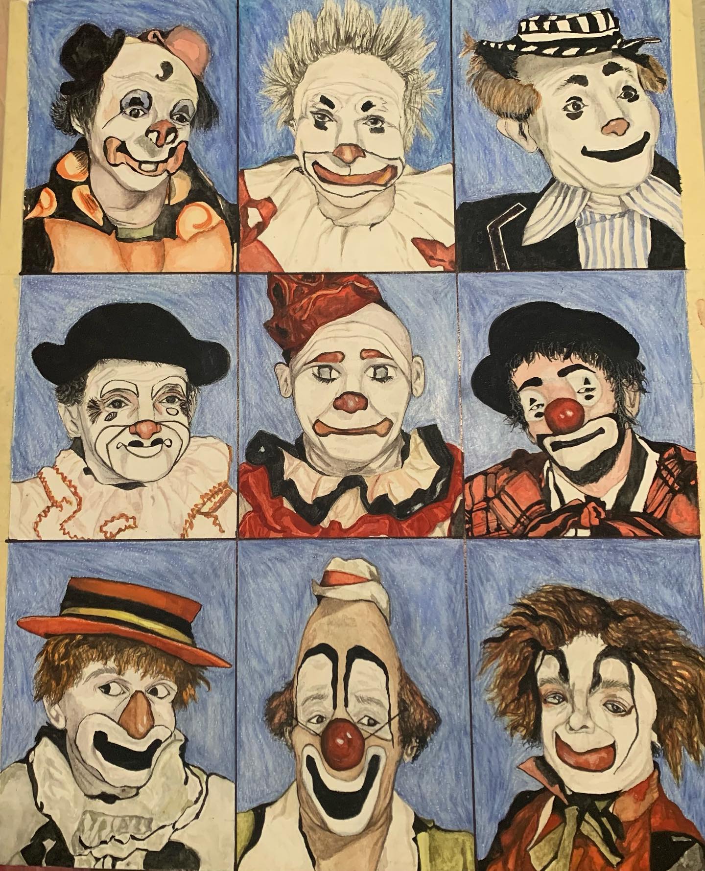 Nine distinct painted clown portraits arranged in a grid